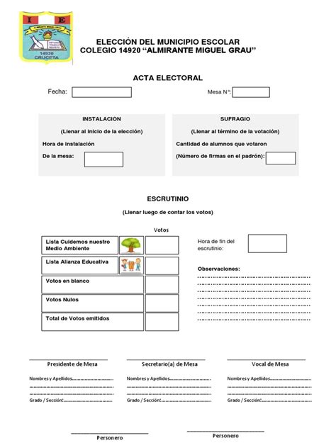 Acta Elección Del Municipio Escolar Pdf Responsabilidad Votación