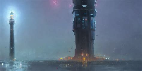 Concept Art Of A Lone Towering Sci Fi Lighthouse At Stable Diffusion