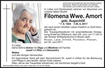 Traueranzeigen Von Filomena Amort Trauer Bz