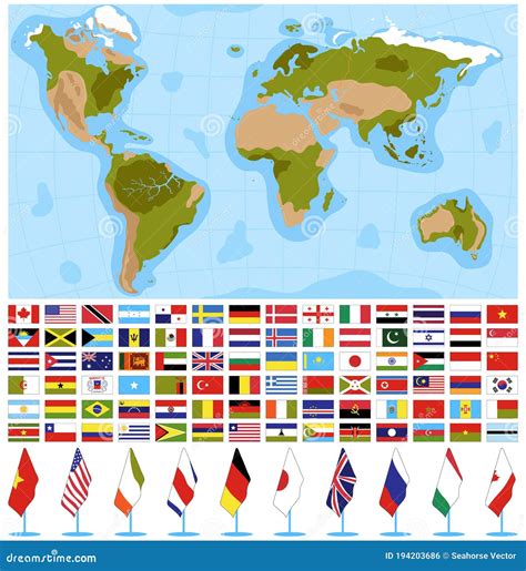 Flags World Map Vector Illustration Set Cartoon Flat All Country Laws