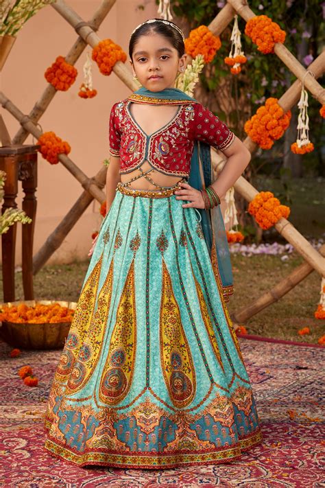 Buy Sky Blue Raw Silk Embroidered Floral Kimaya Pattern Lehenga Set For Girls By Kalista Online