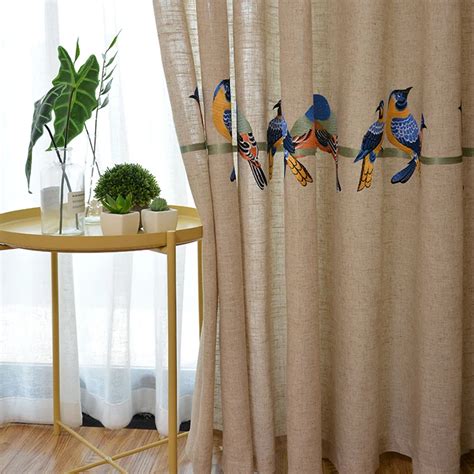 Modern Embroidered Bird Curtains Living Room Cotton Linen Window Tulle