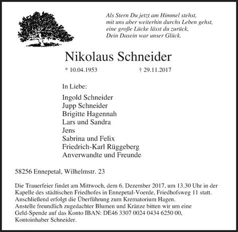 Traueranzeigen Von Nikolaus Schneider Trauer In Nrw De