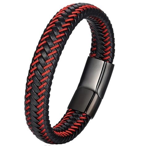 Men Jewelry Red Braided Leather Rope Bracelet Blac Grandado