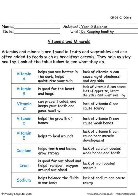 Uk Vitamins And Minerals Worksheet Vitamins For Kids