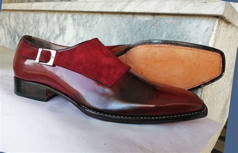 Handmade Mens Burgundy Color Leather Suede Shoes Single Monk Strap