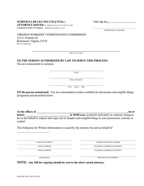 Virginia Subpoena Duces Tecum Civil Attorney Issued Fill Out