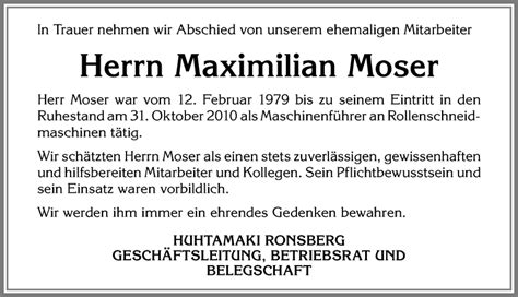 Traueranzeigen Von Maximilian Moser Allg Uer Zeitung