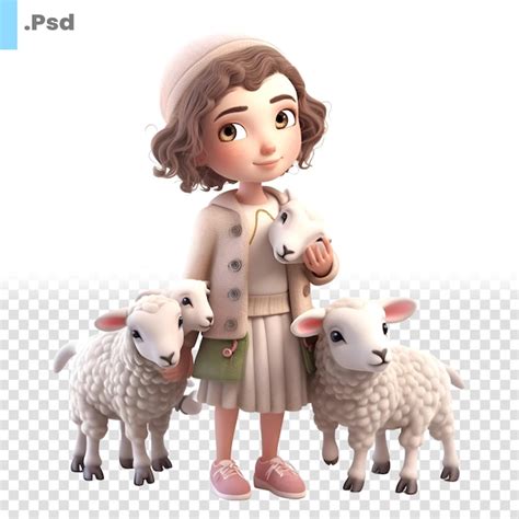 Niña con oveja en un fondo blanco plantilla de renderización psd en 3d