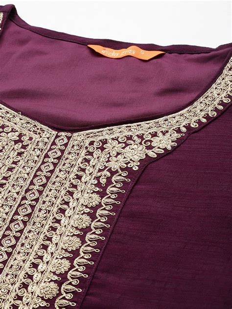 Women S Wine Embroidered Straight Kurta Trousers With Dupatta Set