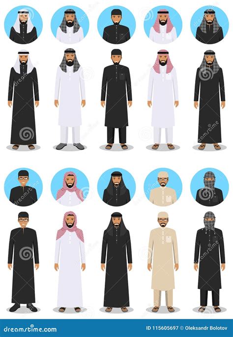 Set of Different Standing Arab Men in the Traditional Muslim Arabic ...