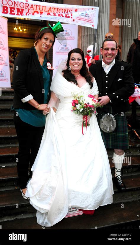 Miranda Hart, bride Claire Gilchrist and her father Stuart arrives at ...