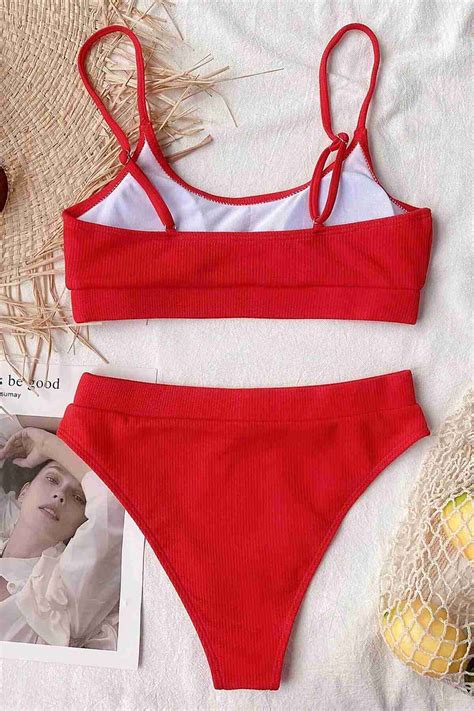 Angelsin Yüksek Bel Fitilli Kumaş Tankini Bikini Üstü Kırmızı Bikini