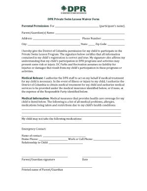 Fillable Online Dpr Dc DPR Private Swim Lesson Waiver Form Department