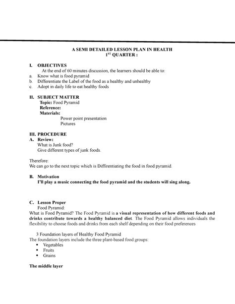 A Semi Detailed Lesson Plan In Health A Semi Detailed Lesson Plan In