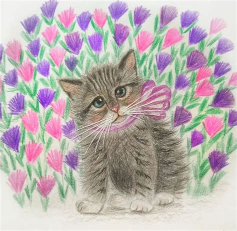 A Drawing Of A Kitten With Flowers In The Background