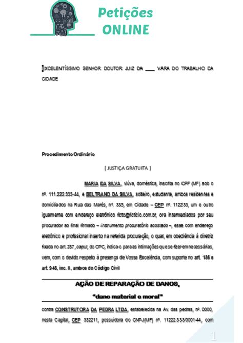 A O De Indeniza O Por Morte No Trabalho Peti O Inicial