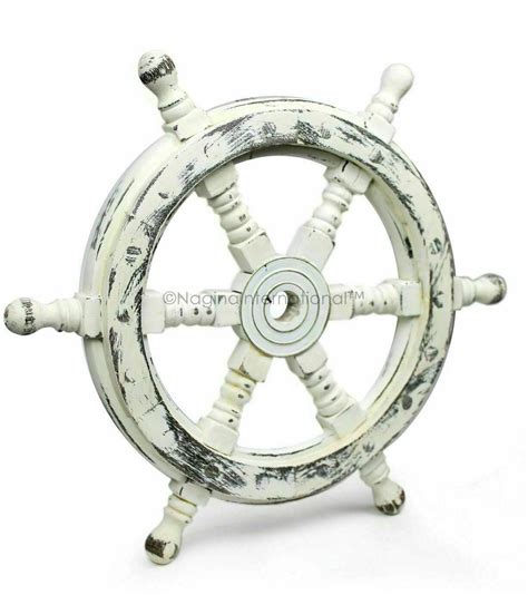 Nautical Wooden Ship Steering Wheel Pirate Decor Brass Fishing White