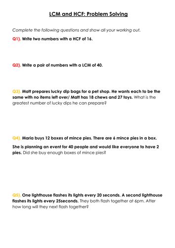 Lcm And Hcf Worded Problems Worksheet With Solutions Edexcel Teaching Resources