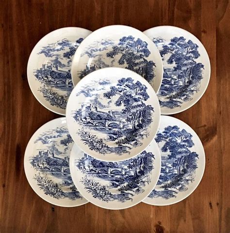 SEVEN Wedgwood Tunstall Dinner Plates Blue White Countryside Etsy