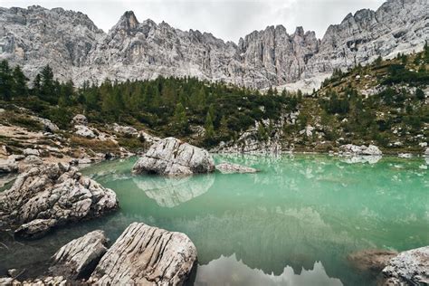 Lago Di Sorapis Lake Sorapis Dolomites Italy Cloudy Stock Photo