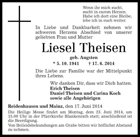 Traueranzeigen Von Liesel Theisen Rz Trauer De