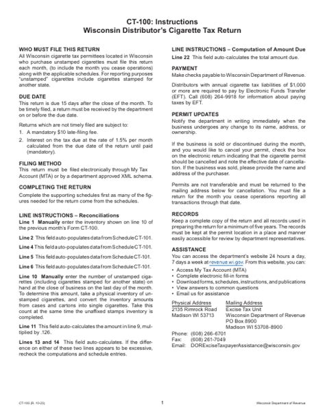 Form Ct 100 Download Printable Pdf Or Fill Online Wisconsin Distributors Cigarette Tax Return