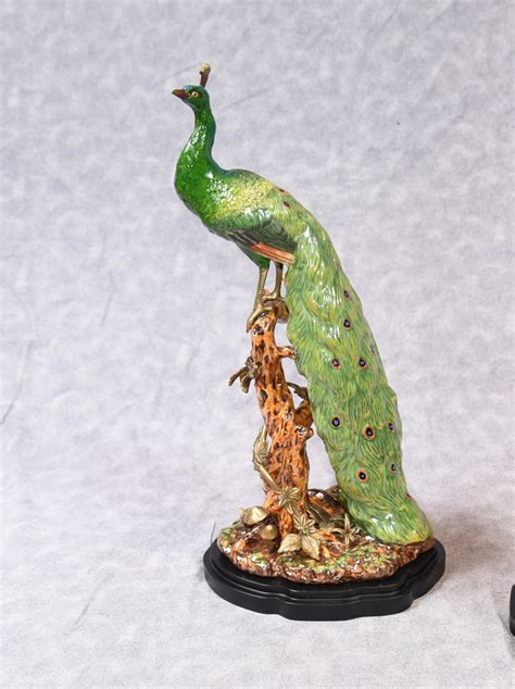 Pair English Majolica Porcelain Peacock Statues