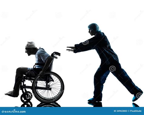 Injured Funny Man In Wheelchair Escaping Away Of Nurse Silhouette Stock