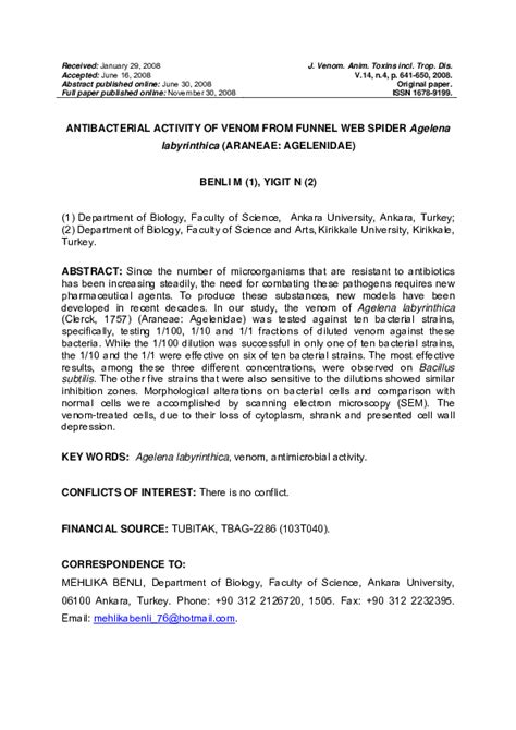 (PDF) Antibacterial activity of venom from funnel web spider Agelena ...