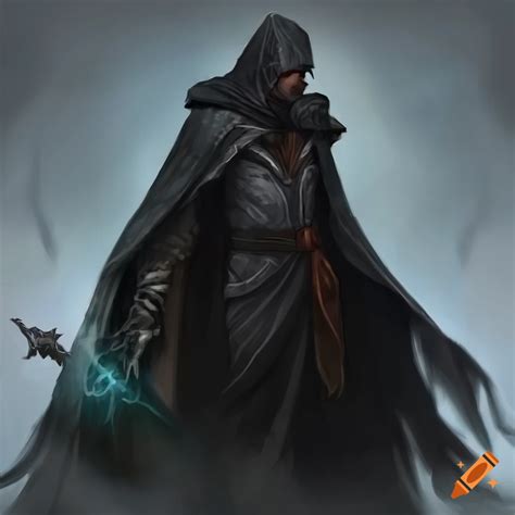 Male Fallen Aasimar In A Black Cloak With Grey Skin Black Wings And