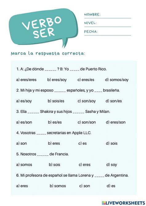 Verbo Ser Ejercicios Worksheet Verbos Ejercicios De Espa Ol Clases