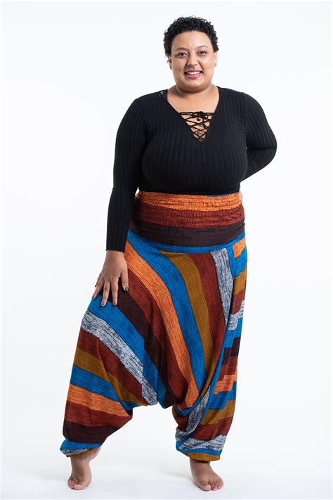 Plus Size Boho Rust Striped Drop Crotch Womens Harem Pants