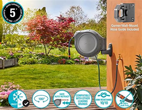 Gardena 8055 100 Foot Wall Mounted Retractable Reel With Hose Guide Automatic Retraction For