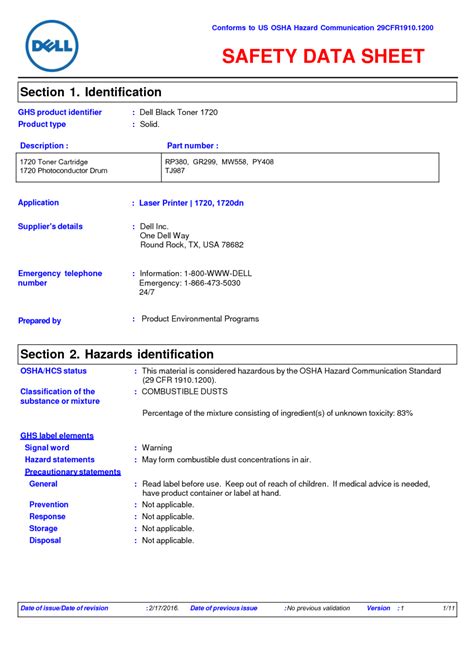 Dell Black Toner 1720 Msds Download