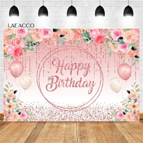 Laeacco Burgundy Floral Happy Birthday Backdrop Rose Gold Glitter Bokeh