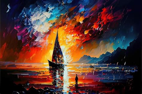 Premium AI Image | A painting of a sailboat with a sunset in the ...