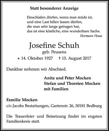 Traueranzeigen Von Josefine Schuh WirTrauern