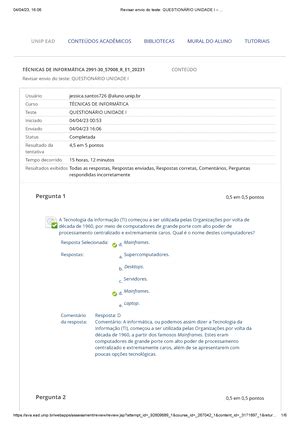 Question Rio Unidade Ii Tecnicas De Informatica Revisar Envio Do