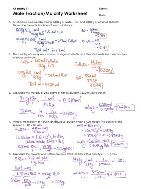 Mole Fraction Molality Worksheet Chemistry 11 Pdf Worksheets Library