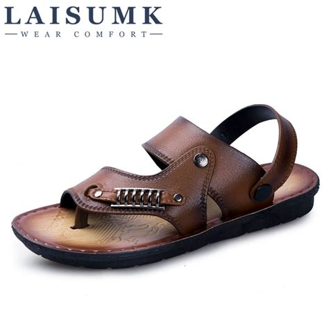 2019 Laisumk Summer Mens Sandals Slippers Leather Sandals Outdoor Casual Men Leather Sandals Men