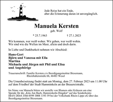 Traueranzeigen Von Manuela Kersten Trauer In NRW De