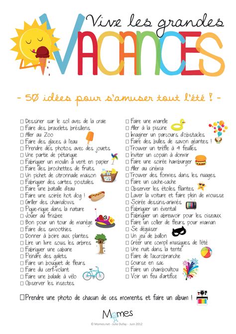 Poster 50 idées d activités pour l été Liste de vacances Activités