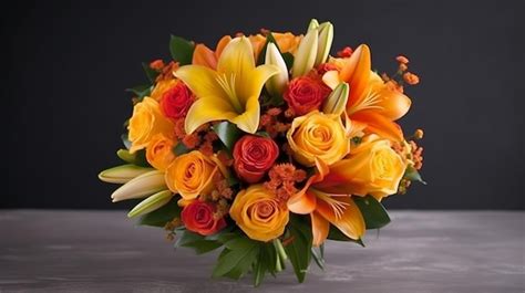 Premium AI Image | A bouquet of orange lilies and roses