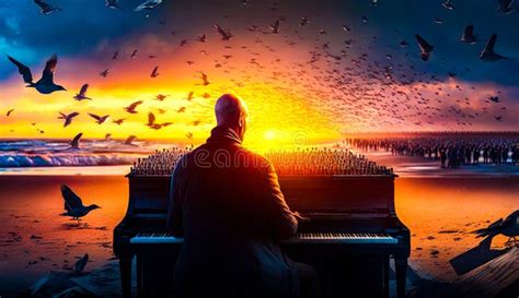 Man Sitting At Piano In Front Of Flock Of Birds Generative Ai Stock