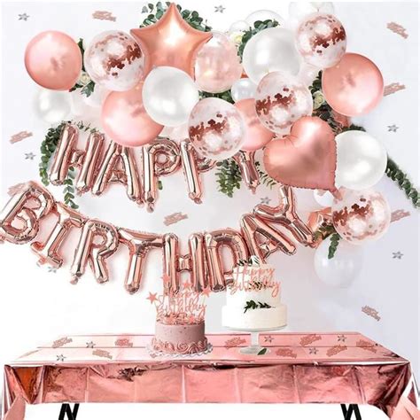 Anniversaire Ballon Rose Kit Guirlande Happy Birthday Nappe Rose Or