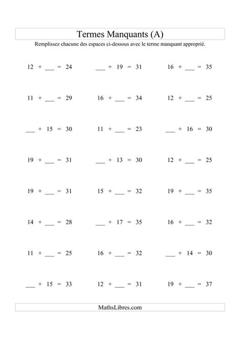 La fiche d exercices de maths Équations avec Termes Manquants Espaces