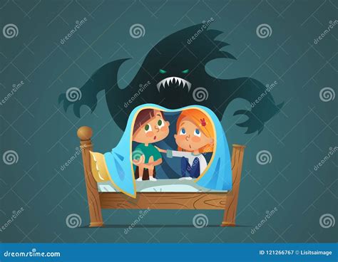 Scared Children Sit On Bed Under Blanket With Flashlight Vector Flat ...