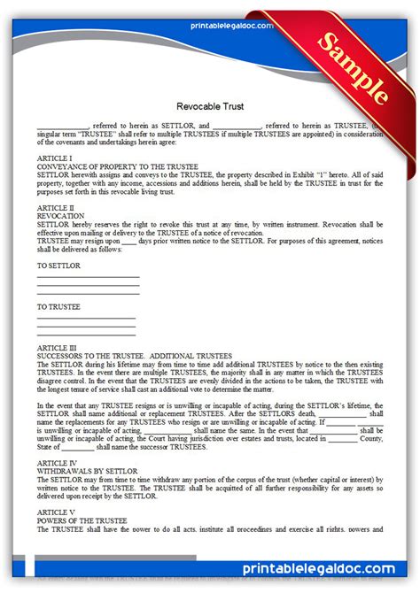 Free Printable Revocable Trust Form Generic