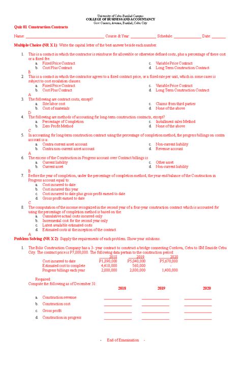 Quiz 1 Construction Contracts Answer Key - University of Cebu-Banilad